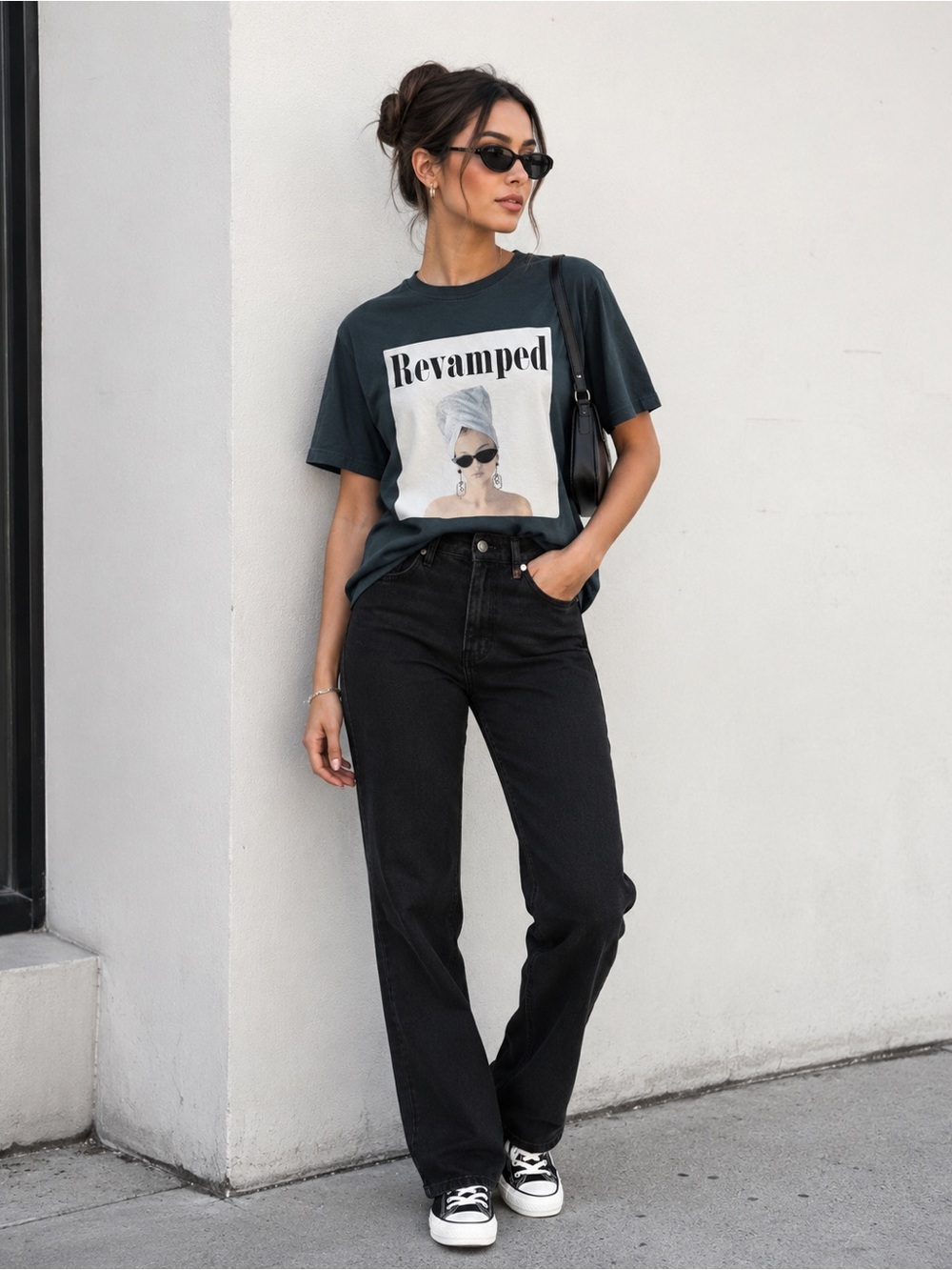 Bershka Revamped Graphic Tee Dark Green Fashion Girl Sunglasses Size S